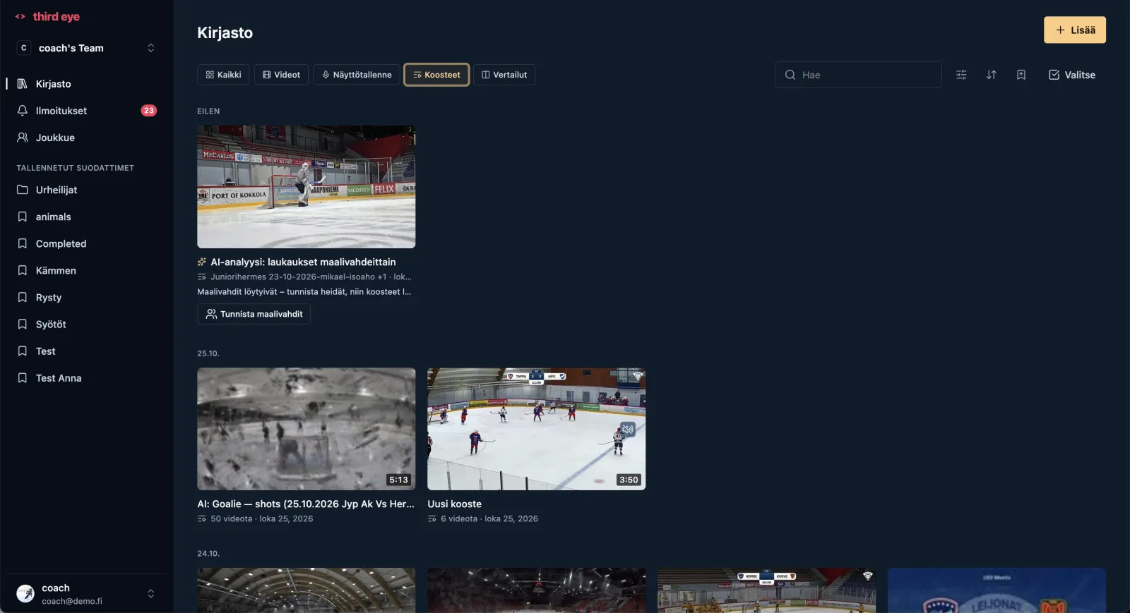 The library's Sequences view with the Match goalies button on the AI analysis card