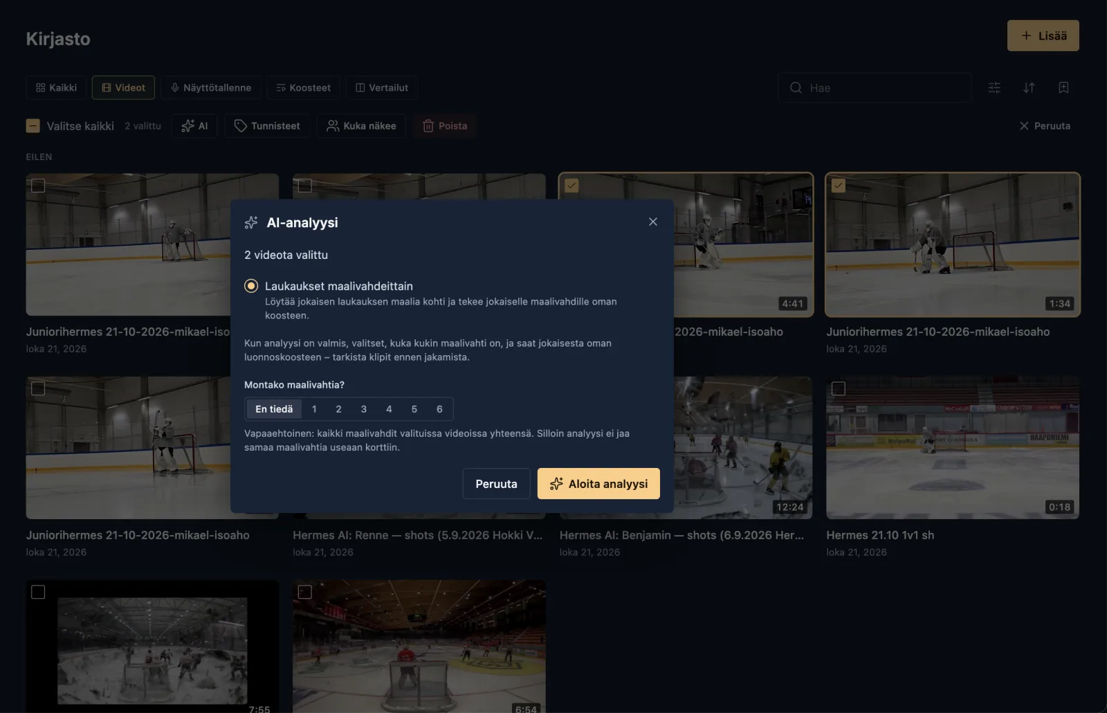 The AI analysis window with Shots by goalie selected, the goalie count and the Start Analysis button