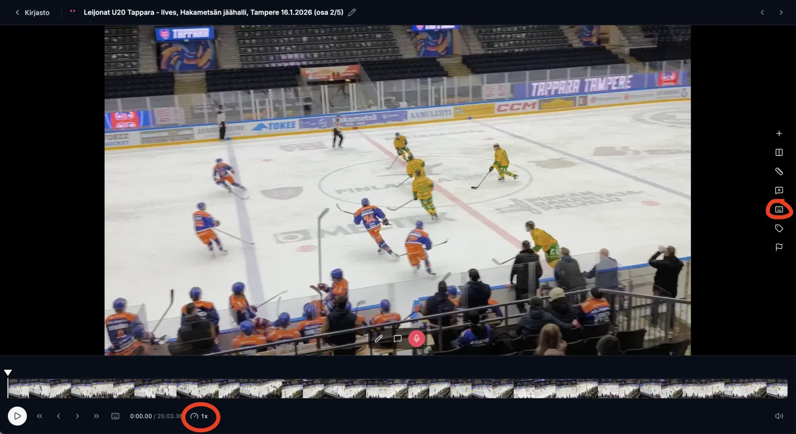 The video workspace with the keyboard macros icon and the playback speed button circled