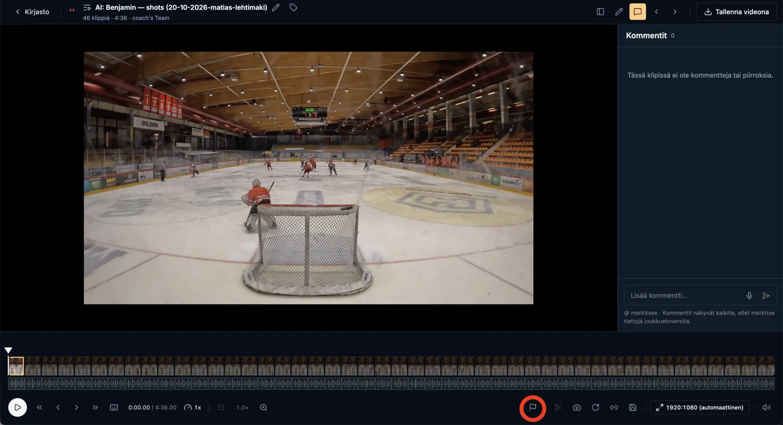 The sequence workspace with the flag icon in the bottom bar circled