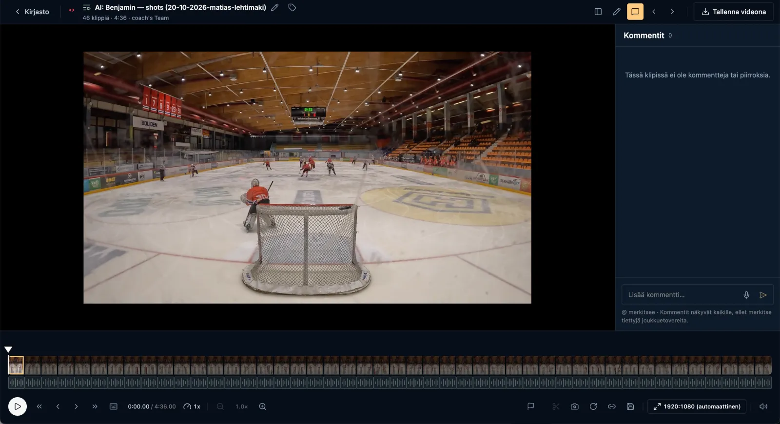 The sequence view with numbered areas: name, top bar tools, comments, timeline, playback controls, clip tools and aspect ratio